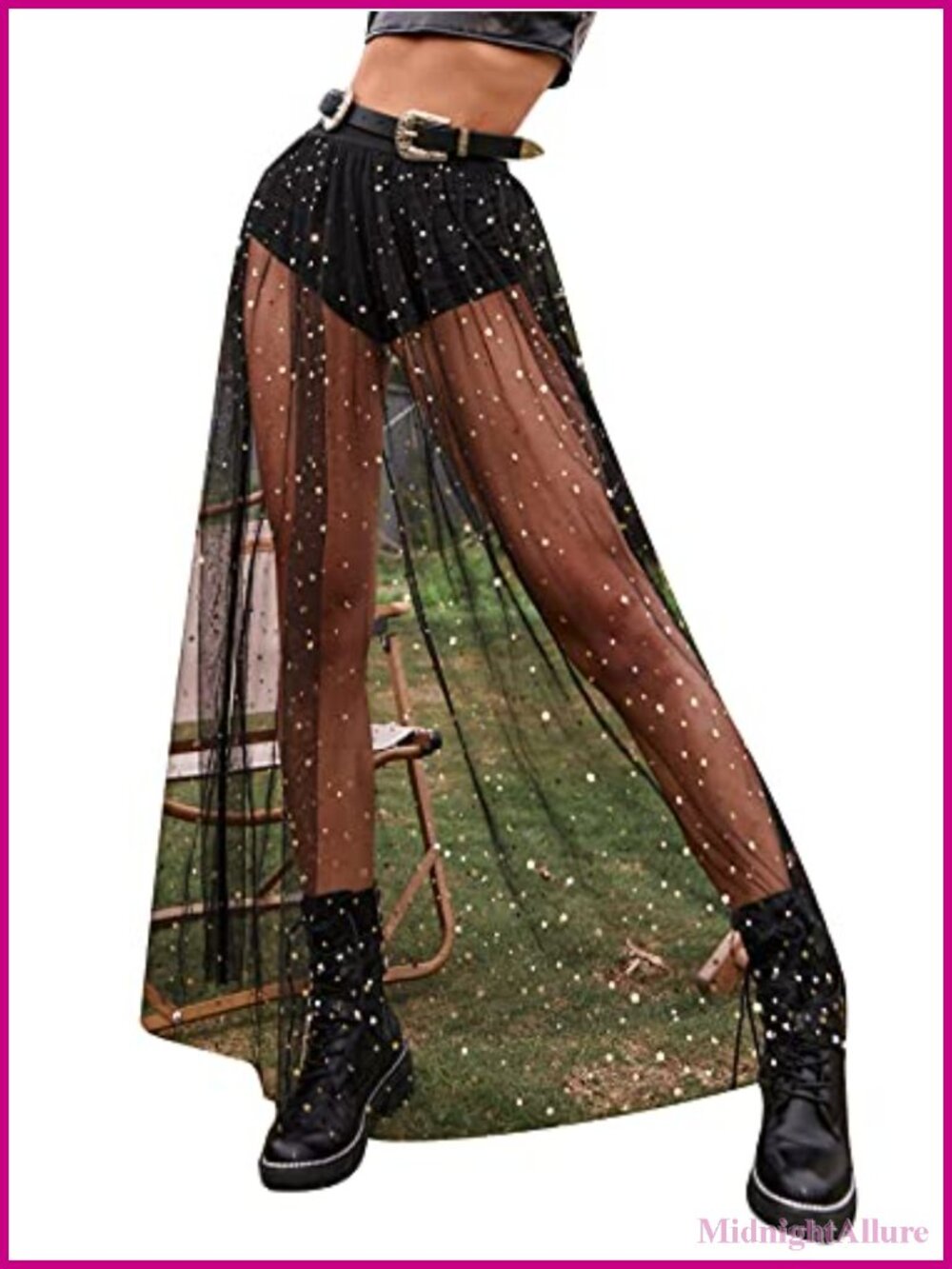 Galaxy Print High Waist A-Line Maxi Skirt with Lace Sheer Mesh